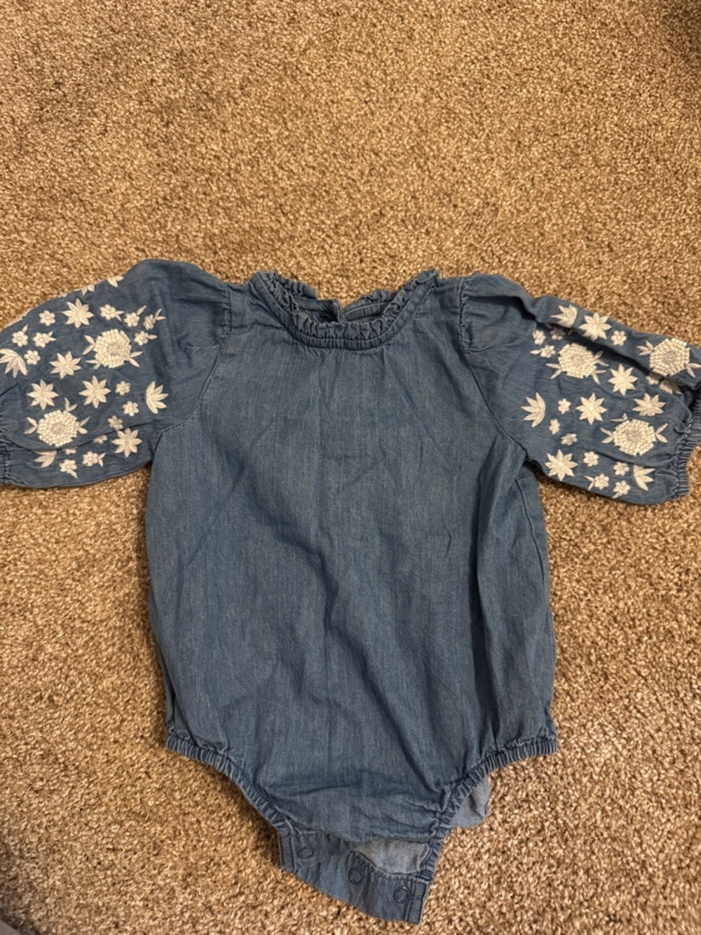 Mud Pie Denim Blue Embroidered Sleeve One-Piece Bodysuit